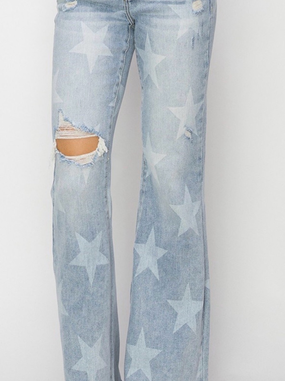 Risen Light Blue Star-Print Wide Leg Jeans